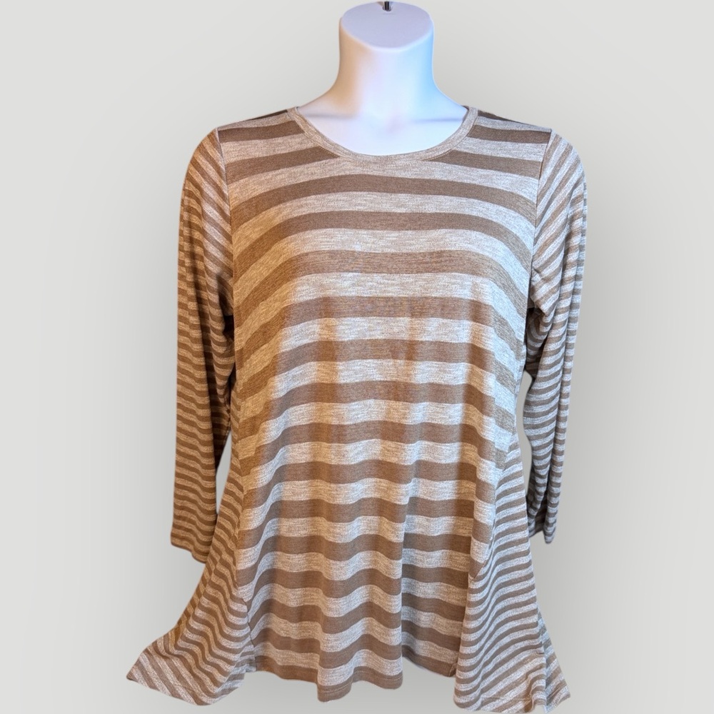 LOGO by Lori Goldstein Striped Long‎ Sleeve Top in Brown and Cream